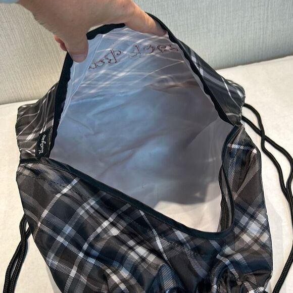 thirty-one Cinch Sack Bag Backpack Black Plaid "Back Buddy" RETIRED Gym School S - Picture 3 of 6